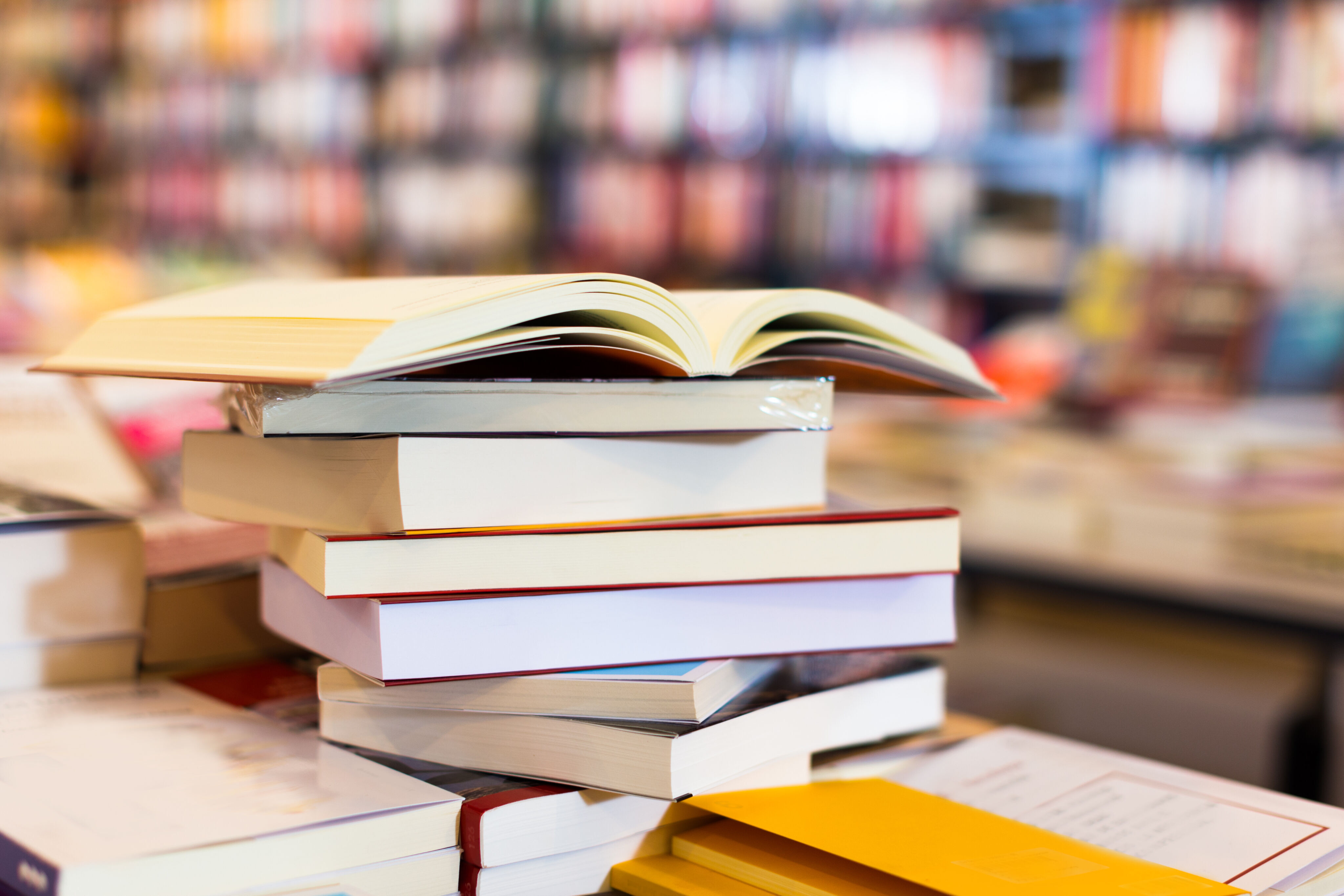 A stack of books in a library.