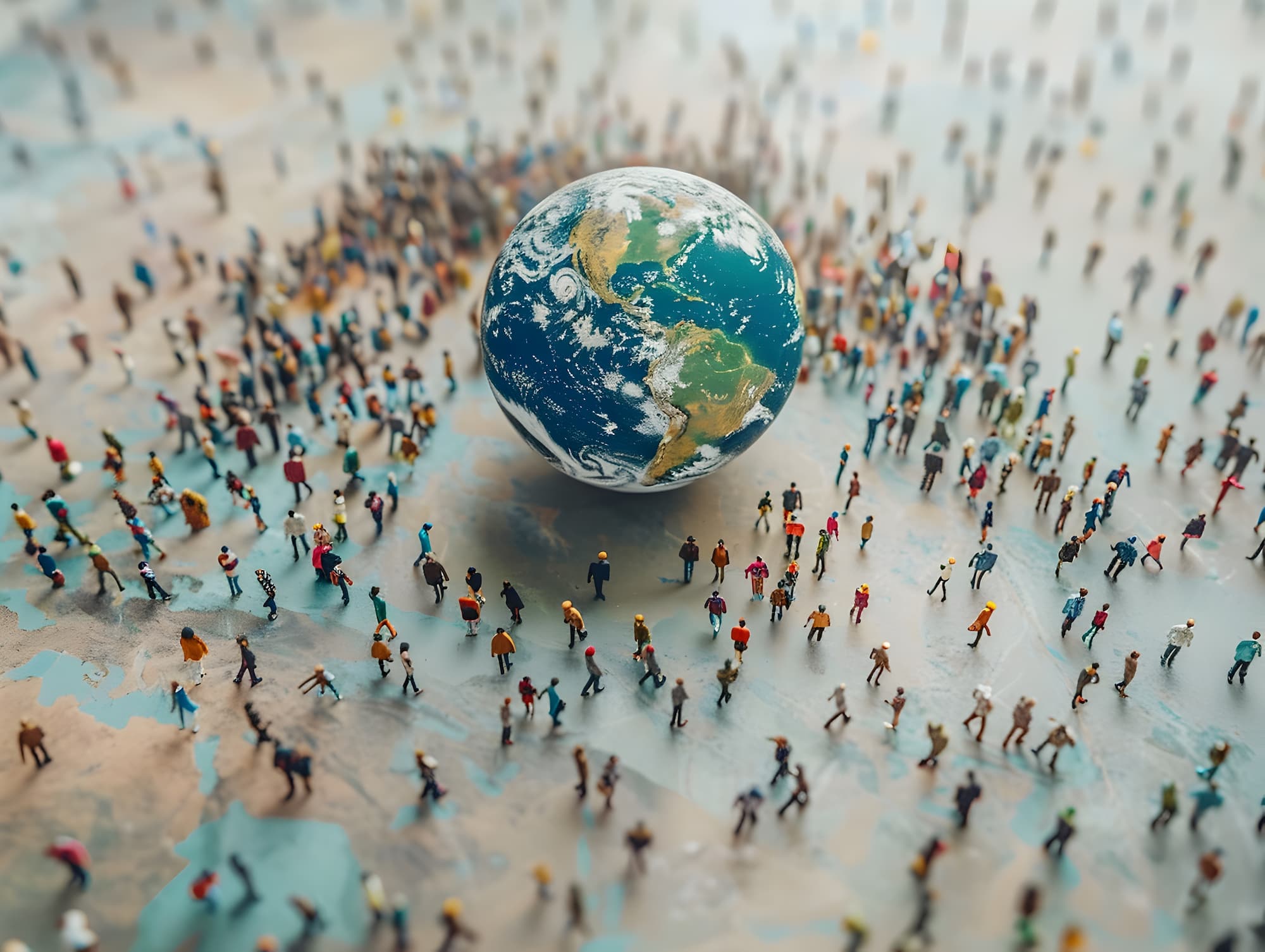 Globe on the ground with people walking around it.