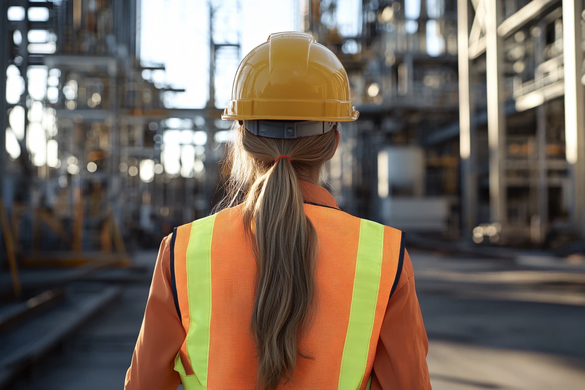 Worker with safety vest and yellow hardhat.