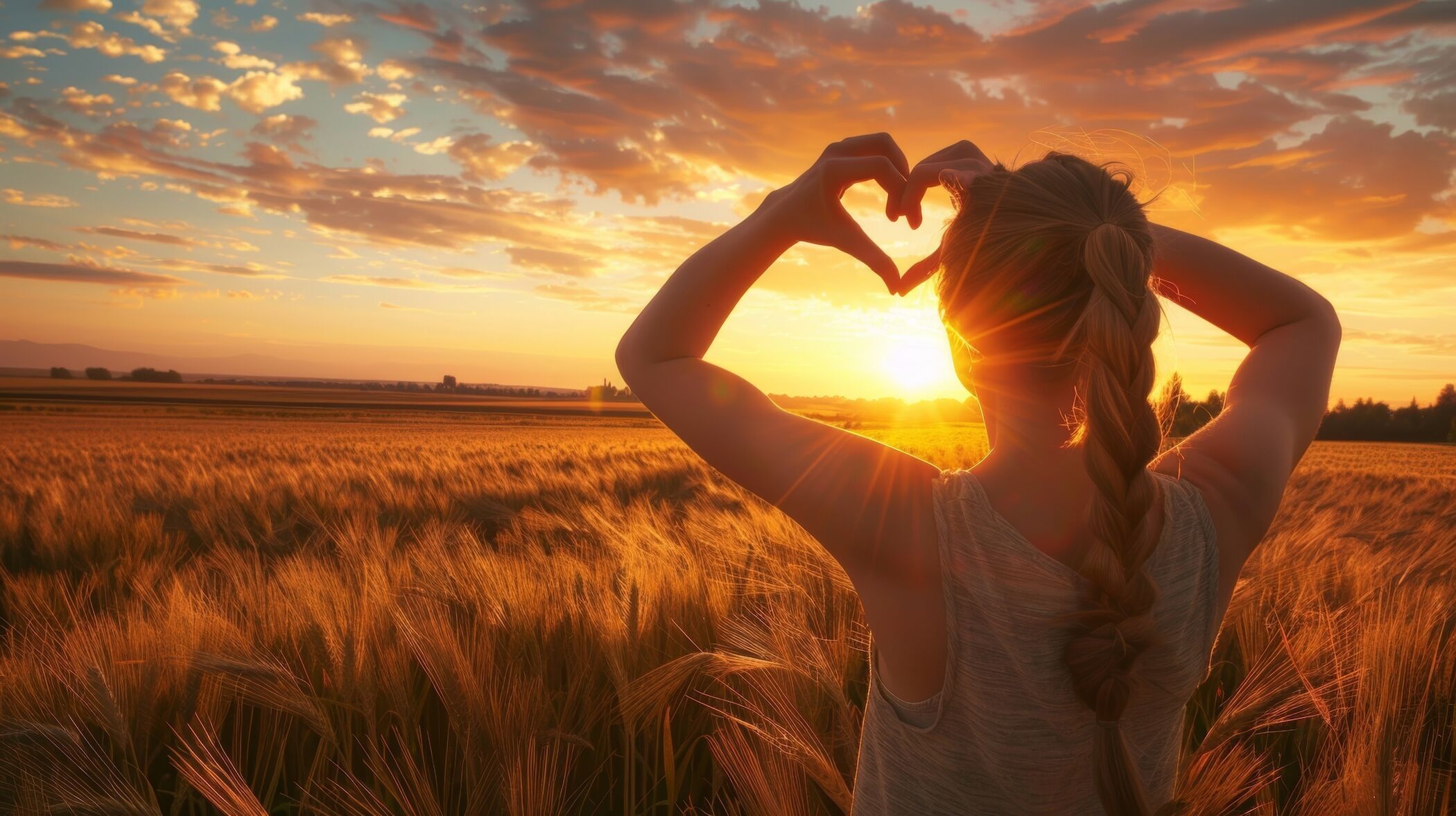 A person holding up heart hands towards the setting sun in a field.