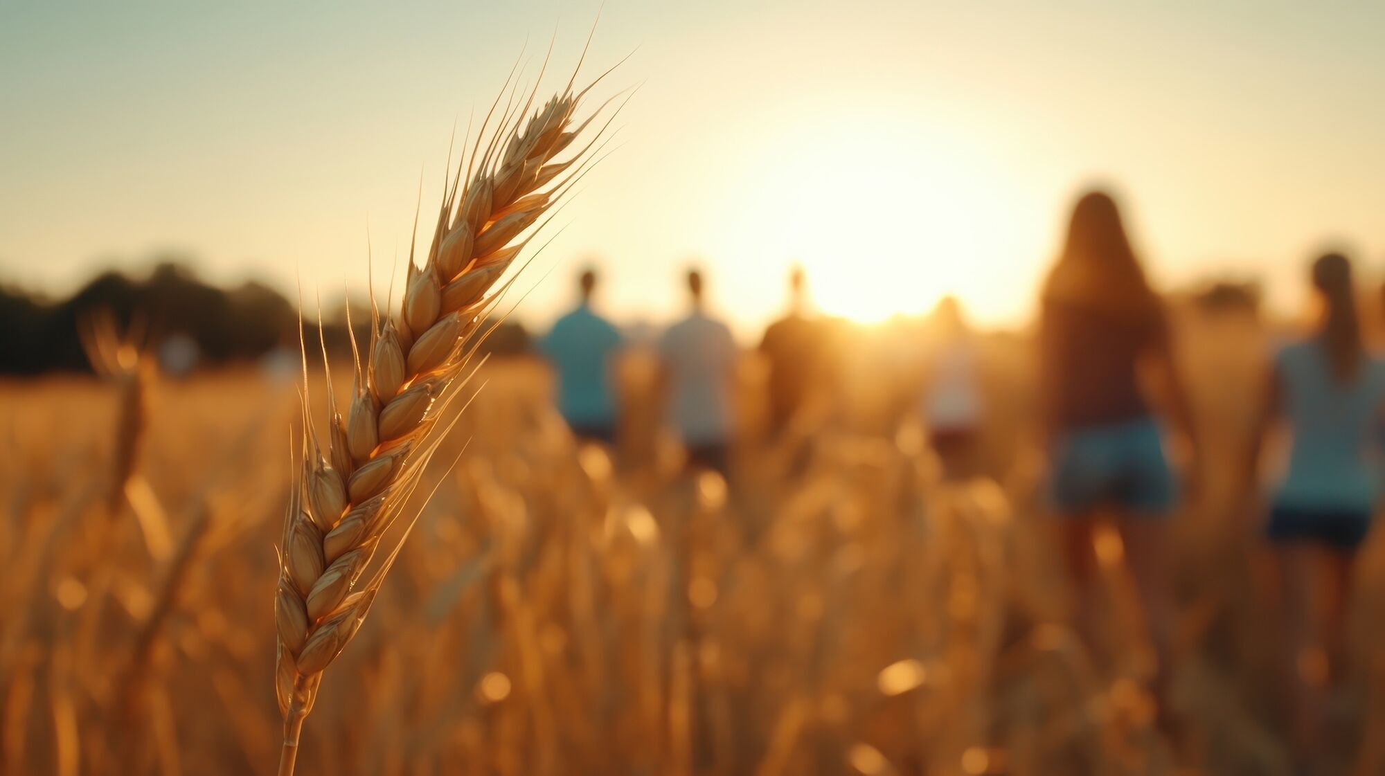 People walking in wheat field.